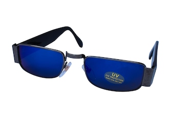 80's Square Metal Sunglasses Silver Metal Frame with  Blue Mirrored Lenses Unworn Original Vintage