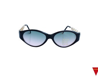 Vintage Women Sunglasses, Black Plastic Frame with Retro Blue & Purple Lenses Gold Sides