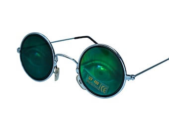 Vintage 70s Round Sunglasses: Silver Frame, Gray Glass Lens, 100% UV Protection