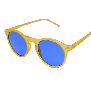 May include: Yellow round frame sunglasses with blue lenses.