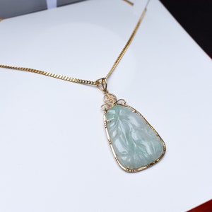 Large 14k Yellow Gold White & Green Jadeite Jade Pendant with Thick 14k Yellow Gold Necklace, Untreated Natural Jadeite Jade Burma Myanmar