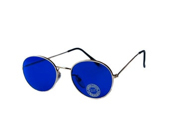 Lunettes de soleil vintage rondes bleues, lunettes en or classiques originales des années 70, monture de style John Lennon jamais portée