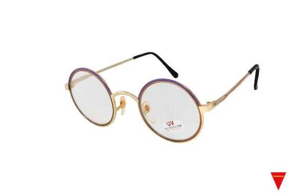 70's Vintage Round Gold Glasses with Purple Accen… - image 1