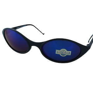 Vintage Wraparound Sunglasses, Black Plastic Frame with Blue Mirrored Lenses, Light Aerodynamic Frame, Unworn Original Vintage 90&#39;s
