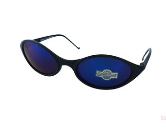 90s Vintage Sonnenbrille zum Wickeln: Schwarzer Rahmen, blaue verspiegelte Gläser, UV-Schutz