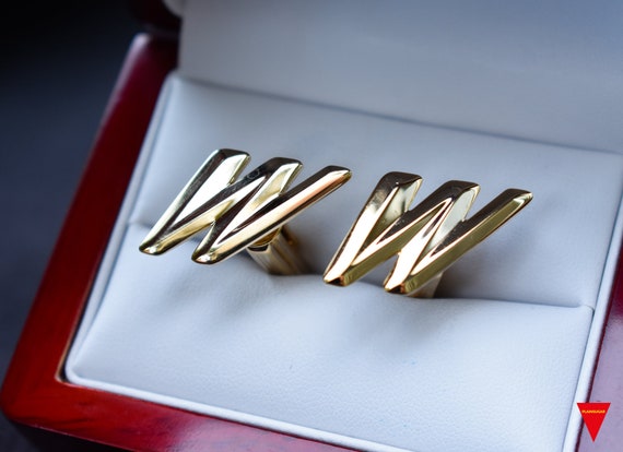 70's "W" Initials Cufflinks, Original Unworn Gold… - image 1