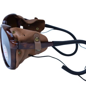 70er Schild Aviator Sonnenbrille Schildpatt braun Nylon Rahmen mit gespiegelten polarisierten Gläsern und Leder Seitenschutz Made in Japan