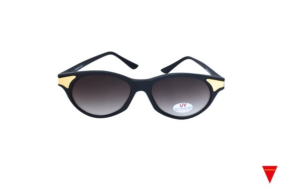 80's Black Cateye Sunglasses with Gold Ends Thin … - image 2