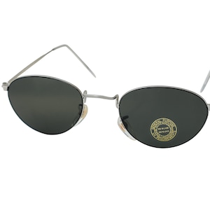 80s  Round Sunglasses Oval  Medium Frame, Dark Gray Lenses, Original Unworn Vintage Silver Metal Sunglasses