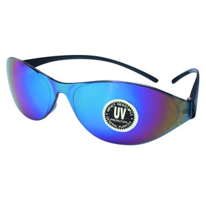 May include: Blue mirrored sunglasses with black frames and a UV protection sticker on the right lens. The sticker says "Impact Resistance UV Protection General Purpose".