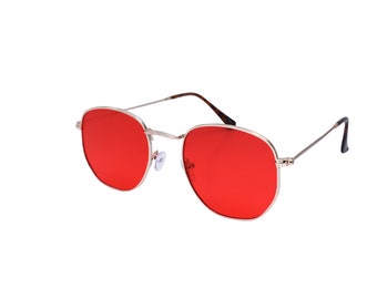 Vintage 90s Round Sunglasses: Red Lens, Silver Frame, UV Protection