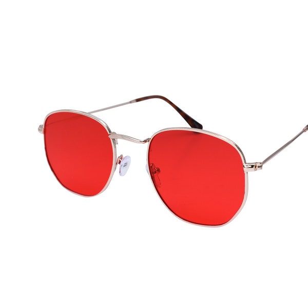 Lunettes de soleil rondes rouges style classique des années 90 noir, orange, rose, jaune, verres rouges, monture en plastique, femmes des années 90, hommes, unisexe