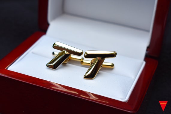 70's "T" Initials Cufflinks, Original Unworn Gold… - image 1