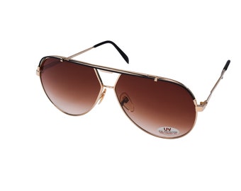 80's Large Brown Aviators Sunglasses Unworn Vintage Gold Frame with Brown Lenses