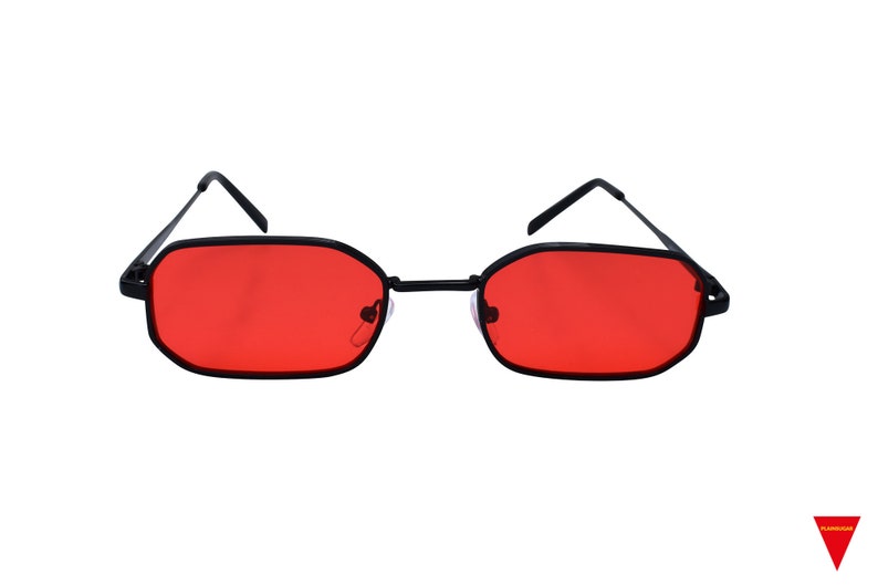 May include: Black rectangular sunglasses with red lenses.