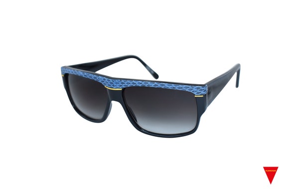 Original 80's Black Square Sunglasses Blue Snake Skin