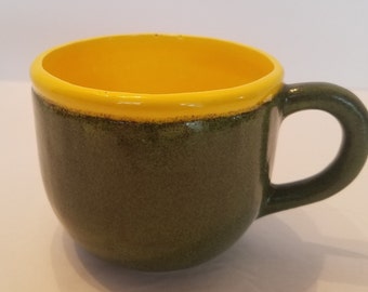 Beautiful Handmade Ceramic Mug | Shimmering Emerald Green and Neon Yellow with Rim