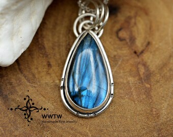 Labradorite Necklace, Sterling silver pendant, blue flash labradorite, tear drop labradorite pendant