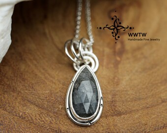 Tourmalinated Quartz Necklace, Sterling silver pendant, Black tourmaline crystals in quartz, Tear drop natural stone pendant