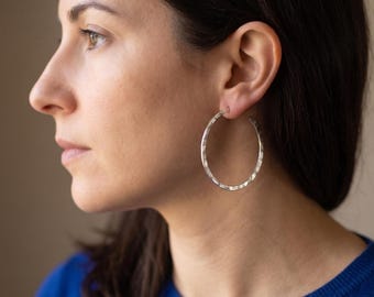 Solid Silver Hoop Earrings with an unusual and organic hammered texture