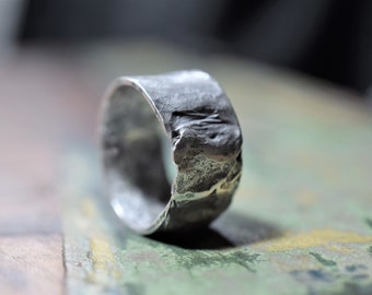 Handmade with recycled silver, Reticulated Silver, Band Ring,  rustic silver ring, oxidised silver, unusual, unique, melted silver ring,