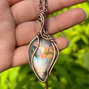 Silver Rainbow Labradorite Wire Wrap Crystal Pendant in Antiqued Copper