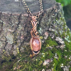 Faceted Sunstone Wire Wrap Crystal Necklace in Antiqued Copper