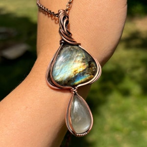 Silvery Blue Labradorite and Gray Moonstone Wire Wrap Mushroom Crystal Pendant in Antiqued Copper