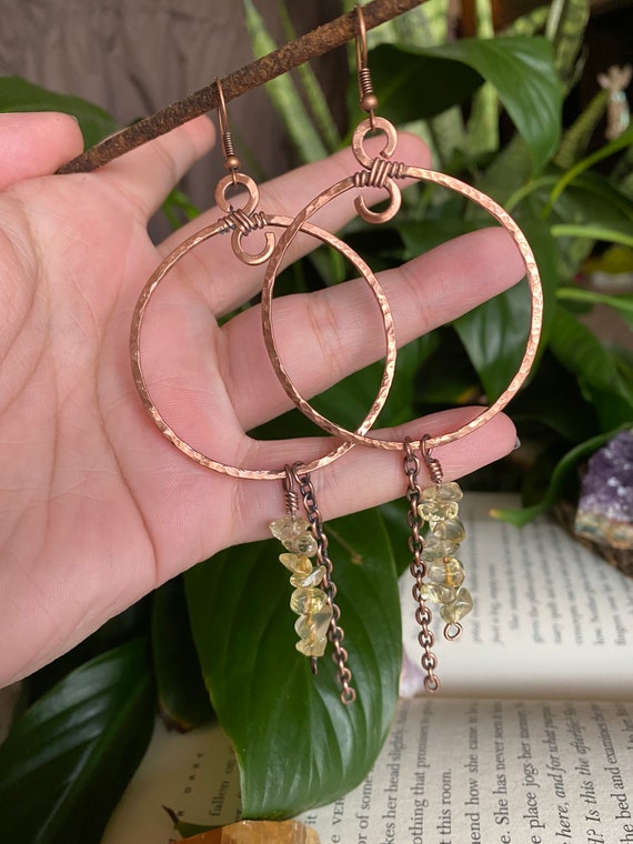 Citrine Hoop Earrings in Wire Wrapped Antiqued Copper Etsy