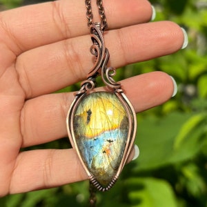 Golden Green and Blue Labradorite Wire Wrap Crystal Pendant in Antiqued Copper