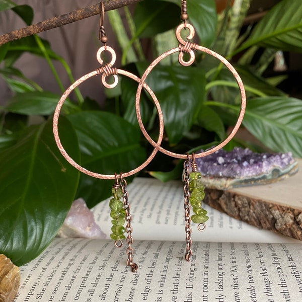 Large Peridot Hoop Earrings in Wire Wrapped Antiqued Copper