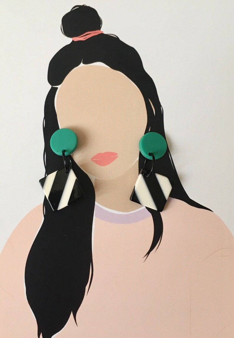 green stud with black and white striped diamond drop earrings
