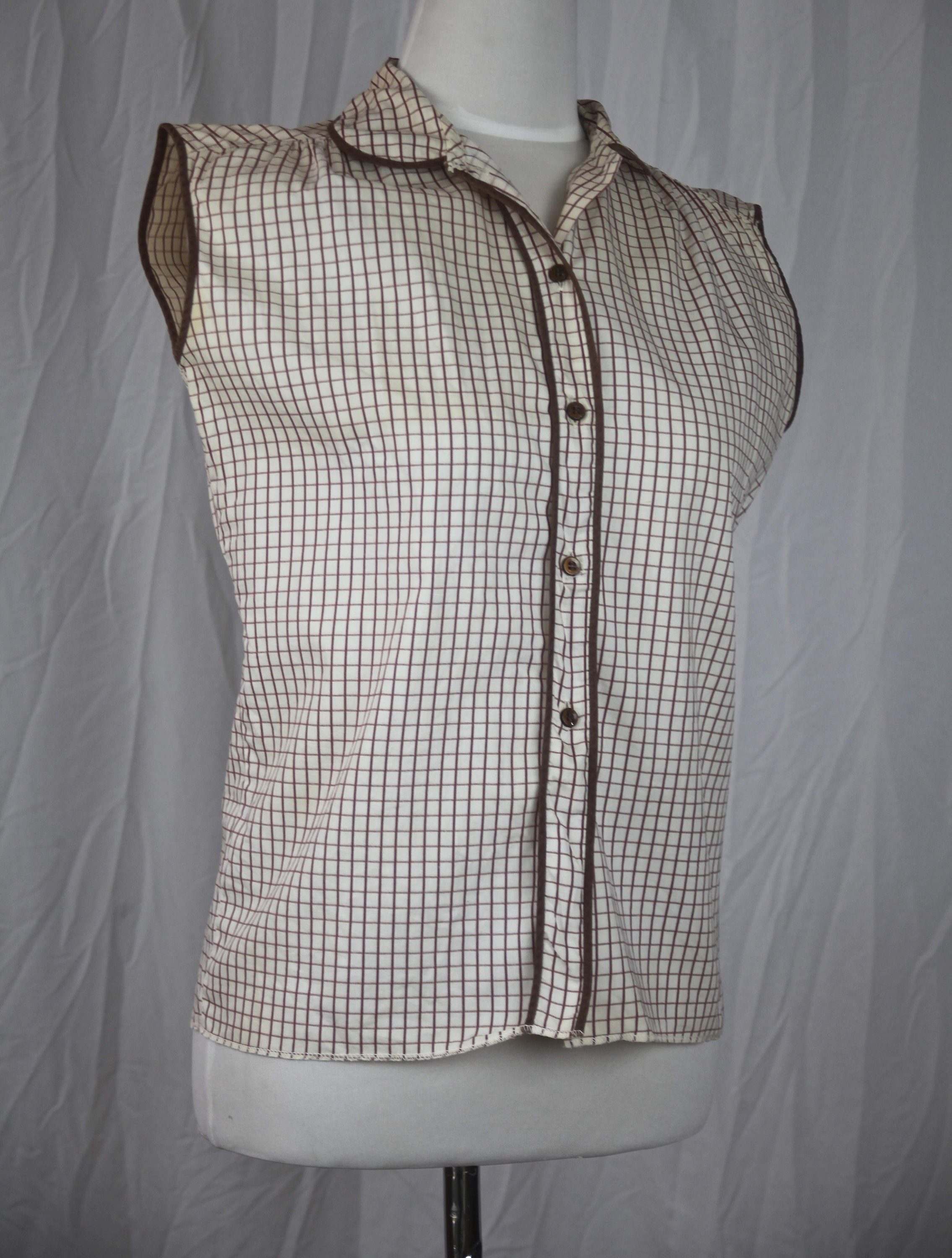 Vintage sleeveless blouse medium plaid 50s top brown white | Etsy