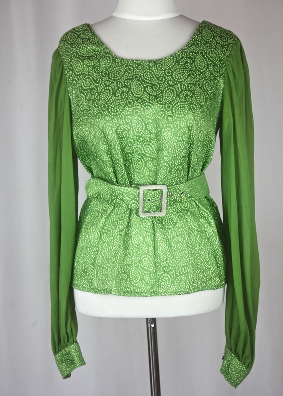 Vintage sparkly top, dressy 70s medium lime green… - image 3