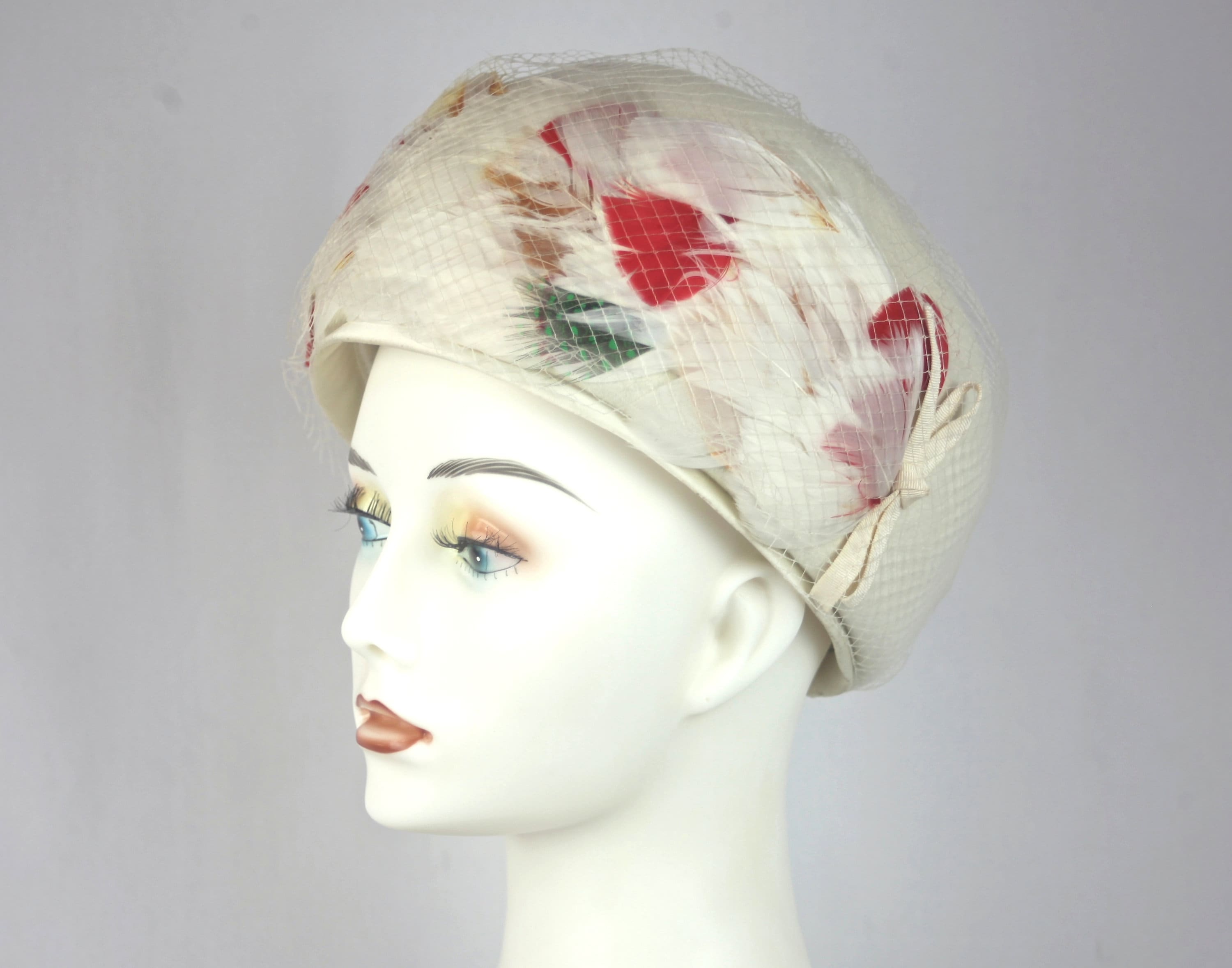 Vintage Pillbox Hat With Feathers and Netting 60s Ivory Etsy