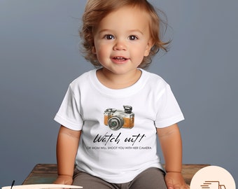 Watch Out Photographer Newborn Onesie® With Vintage Camera Logo, Kids Shirt | Toddler Tee, Photography Logo Matching Birthday Gift