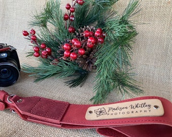 Personalized Red Leather Camera Strap with Custom Logo Engraving - Fits All Cameras and Binoculars