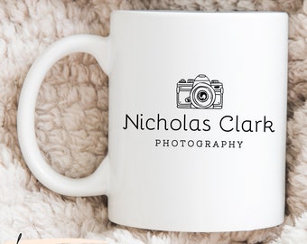 Custom Photography Logo Mug With Vintage Camera, Personalized Coffee Mug as Photographer Birthday Gift