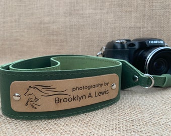 Custom Green Leather Camera Strap, Cute Photographer Valentines Day Gift for Him Her