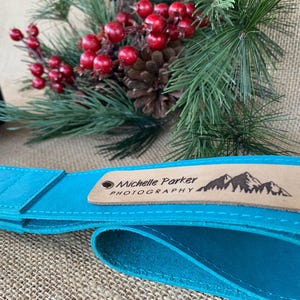 Customized Blue Leather Camera Strap: Personalized Photographer Holiday Gift