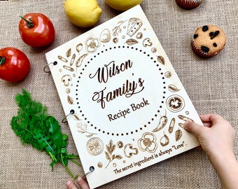 Personalized Recipe Binder w Dividers as Christmas Gift, Vegetables Custom Wooden Recipe Organizer Journal, Family Heirloom Cookbook