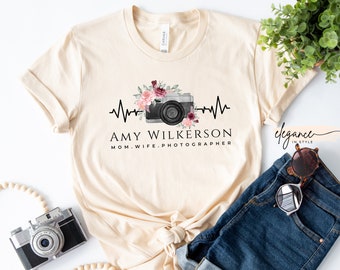 Custom Name Mom Wife Photographer Shirt with Floral Camera, Personalized Mothers Day Gift For Spouse, Photography Mom T Shirt