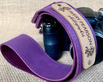 Adjustable Personalized Purple Leather Camera Strap with Custom Logo Engraving Photographer Valentines Day Gift