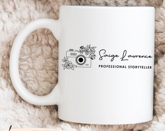 Personalized Minimalist Photographer Mug, Floral Vintage Camera Logo Photography Mug, Custom Name Photographer Mug