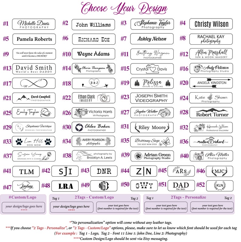 May include: A chart with 52 different logo designs for photographers, videographers, and other creative professionals. Each logo is numbered and includes a name and a brief description. The chart is a great resource for finding inspiration for a new logo.