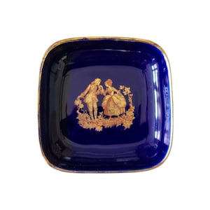 Vintage Limoges France D’Art Cobalt Blue & Gold Porcelain Square Trinket Dish