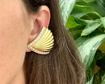 Vintage Nina Ricci Gold and Rhinestone Fan Statement Earrings, French Designer Earrings