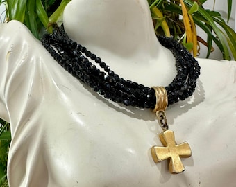 Vintage Carolee Black Bead and Cross Pendant Necklace, Vintage Chain Jewelry