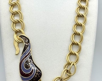 Vintage Trifari Gold Collar Necklace, Enamel Pendant, 1960s Statement