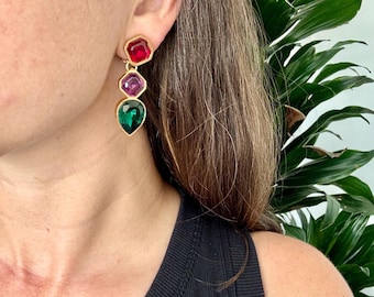 Vintage Jewel Tone Clip On Earrings: Bohemian Dangle Earrings